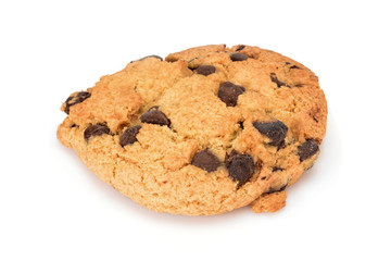 Homemade cookies. Sweet cookie with chocolate chips. Tasty biscuit in high resolution close-up, isolated on white background with small shadows. Homemade bakery.