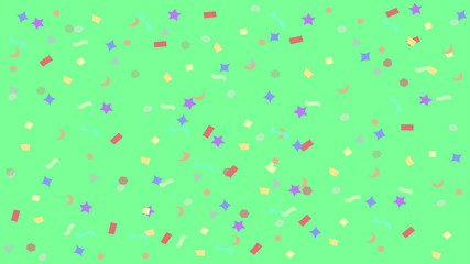 colorful simple party confetti flying on soft green background, star ribbon confetti glitter, geometric stars ribbons explosion for invitation card new year, christmas, anniversary celebration