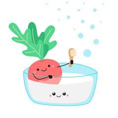 Naklejka premium cute radish washes in a milk bath, kawaii radish, kawaii milk