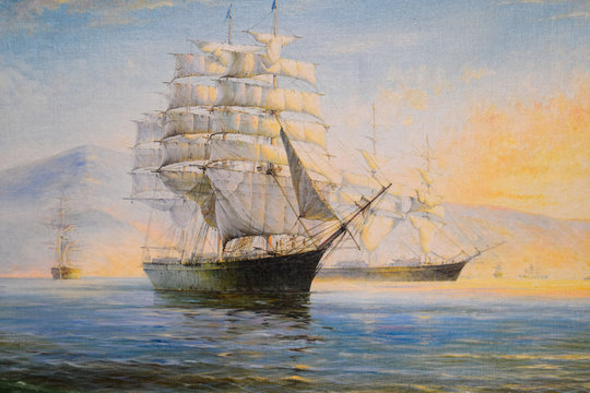 Sailing ships in bay, oil painting on canvas