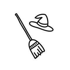 witch hat and broom doodle icon, vector illustration