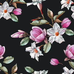 Floral seamless pattern with watercolor  magnolia and white flowers