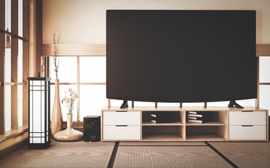 Old style, Mock up smart Tv on wooden cabinet design in room japanese style on floor tatami mat.3D rendering