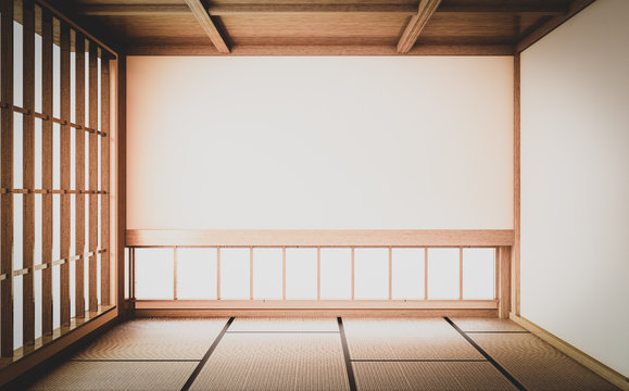 Empty yoga room inteior with tatami mat floor.3D rendering