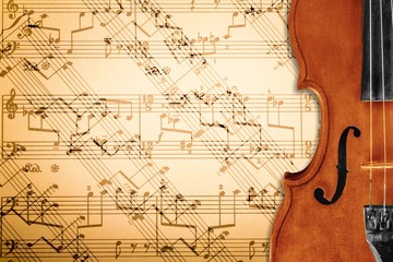 Retro antique classical Violin on note background