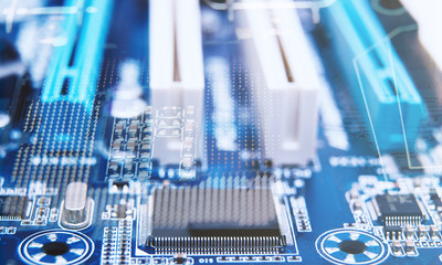 Electronic chip. Close up photo of blue PC circuit board. Abstract background.