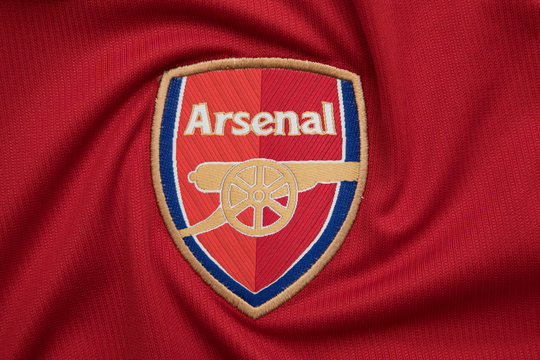 BANGKOK, THAILAND - AUGUST 23: the logo of Arsenal on Football Jersey on August 23,2017