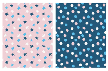 Cute Seamless Vector Patterns with Irregular Hand Drawn Stars and Dots. White, Pink and Blue Dots Isolated on a Dark Blue Background.Blue and White Stars Isolated on a Blush Pink. Starry Vector Print.