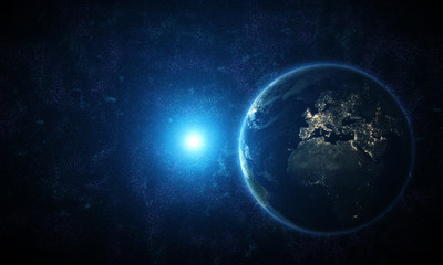 View of Planet Earth from space during a sunrise. Europe at night viewed from space at night with city lights. 3D render. - Illustration 