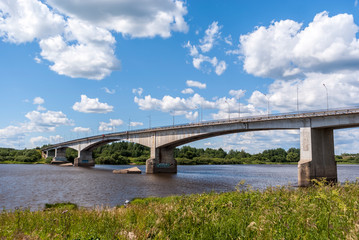 Fototapeta na wymiar Russia, the city of Kirishi, a bridge over the Volkhov River.