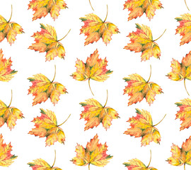 Naklejka na ściany i meble Seamless pattern with yellow autumn leaves. Watercolor illustration for textiles, packaging and Botanical backgrounds.
