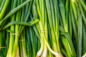 Green onions on a market counter. Close-up. Background. Space for text.