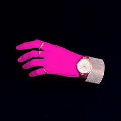 Plastic pink hand in fashion jewelry accessories. Stylish minimal concept