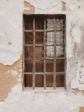Close up view of wooden grill window