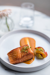 Pan Seared Salmon Steak with Grilled Vegetables and Sauce  on White Plate.
