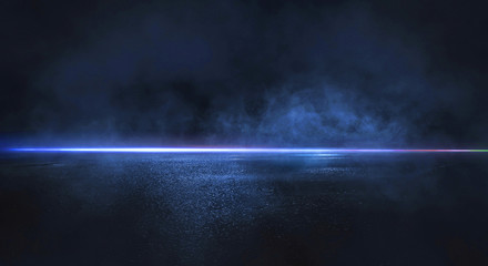 Dark night empty scene. Wet asphalt, red blue neon, smoke. Reflection of neon lights on a concrete floor. Neon smoke lines. © MiaStendal