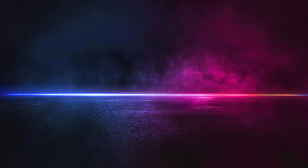 Dark night empty scene. Wet asphalt, red blue neon, smoke. Reflection of neon lights on a concrete floor. Neon smoke lines.