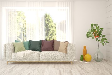 Stylish room in white color with sofa and summer landscape in window. Scandinavian interior design. 3D illustration