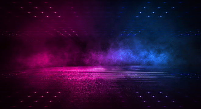 Dark night empty scene. Wet asphalt, red blue neon, smoke. Reflection of neon lights on a concrete floor. Neon smoke lines.
