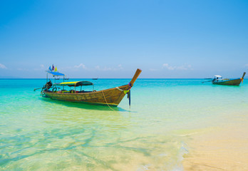 Boats in Phi Phi, Maya beach with blue turquoise seawater, Phuket island in summer season in travel...