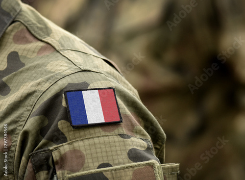 Flag of France on military uniform. Army, troops, soldier (collage).
