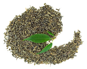 Dry green tea and fresh tea leaves isolated on white background, top view.