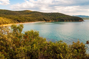 Fototapeta na wymiar Scenic landscape view on Cala Violina beach and Tyrrhenian Sea bay surrounded by green forest in province of Grosseto in Tuscany