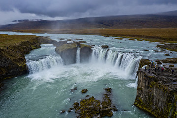 Godafoss, One of the most famous waterfalls in Iceland. Aerial drone shot in september 2019