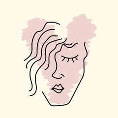 Abstract silhouette female face with loose hair. Sketch, doodle, scribble. Cute vector illustration.