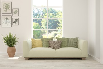 Stylish room in white color with sofa. Scandinavian interior design. 3D illustration