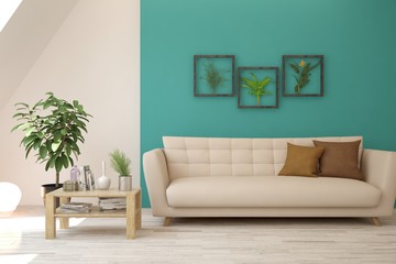 Stylish room in blue color with sofa. Scandinavian interior design. 3D illustration