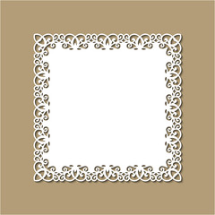 Laser cutting template of ornamental frame with openwork decoration on gold background. Wedding or greeting invitation card with lacy edge of the border at vintage style. Square vector silhouette.
