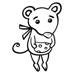 A mouse or rat holds cheese in its paws. Winter holiday illustration 2020. Coloring page, Coloring book. Contour.