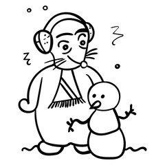 A mouse or rat sculpts a snowman. Winter holiday illustration 2020. Coloring page, Coloring book. Contour. - Vector. Vector illustration