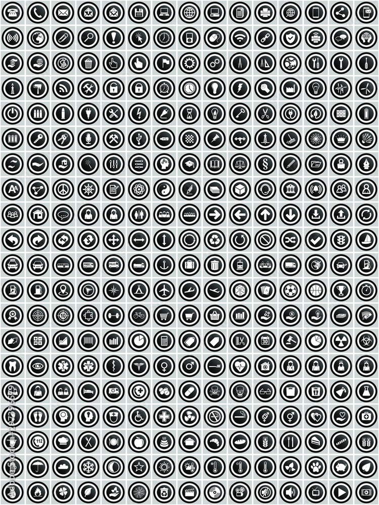 Poster set of 300 flat design round vector icons, business, technology, medicine and education web buttons 
