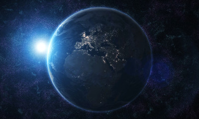 View of blue planet Earth in space with her atmosphere Europe continent 3D rendering. - İllüstrasyon 