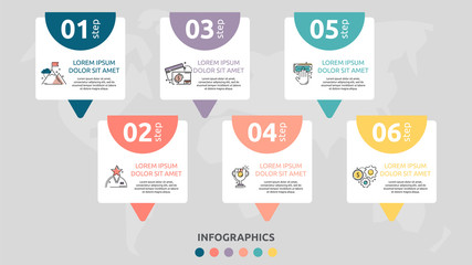 Vector infographic flat template rectangle and arrow for six diagrams, graph. Business concept with 6 labels. For content, flowchart, step for step, timeline, levels, marketing, presentation