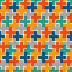 Repeated puzzle mosaic abstract background. Seamless pattern with simple geometric ornament. Bright kids surface texture
