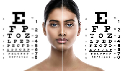 Indian woman and eye chart for sight test