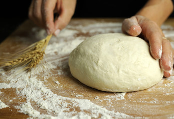 Pasta fresca pronta per la cottura con spighe di grano su tavolo di legno infarinato. 
