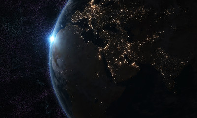 Fototapeta na wymiar World and sun realistic 3D rendering. Shiny sunlight over Planet Earth, cosmos, atmosphere. Shot from Space satellite - İllüstrasyon 