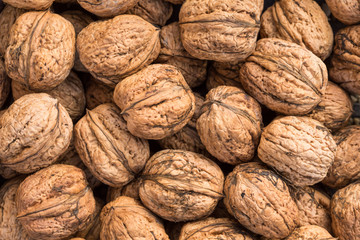 Walnut background, scattered pile of walnuts. Walnuts of Juglans regia.