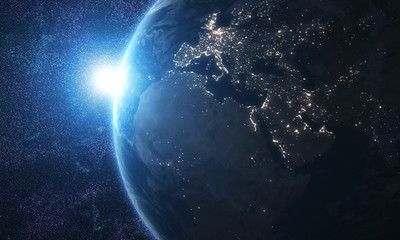 Fototapeta na wymiar World and sun realistic 3D rendering. Shiny sunlight over Planet Earth, cosmos, atmosphere. Shot from Space satellite - İllüstrasyon 