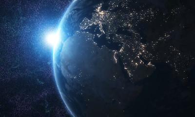 World and sun realistic 3D rendering. Shiny sunlight over Planet Earth, cosmos, atmosphere. Shot from Space satellite - İllüstrasyon 