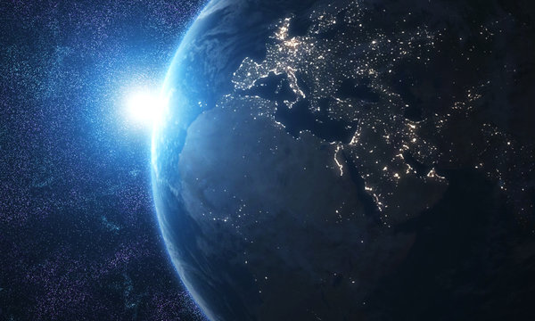World and sun realistic 3D rendering. Shiny sunlight over Planet Earth, cosmos, atmosphere. Shot from Space satellite - İllüstrasyon © _CK_studio