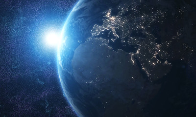 World and sun realistic 3D rendering. Shiny sunlight over Planet Earth, cosmos, atmosphere. Shot from Space satellite - İllüstrasyon 