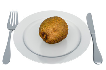Kiwifruit on plate with fork and knife, 3D rendering