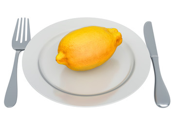 Lemon on plate with fork and knife, 3D rendering