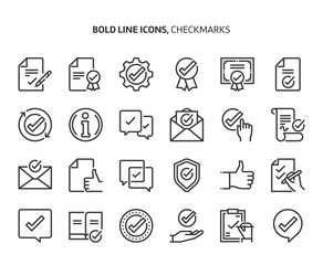 Checkmark bold line icon set. The set is about signature, conversation, security, approval, certificate, certification, mail, achievement, vector, editable stroke, line, outline.