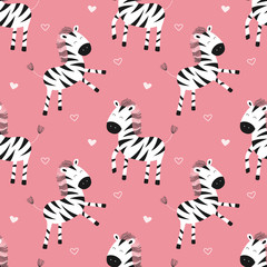 Fototapeta na wymiar Cute zebras, cartoon vector seamless pattern for children. Print for textile, fabric, wallpaper, paper.